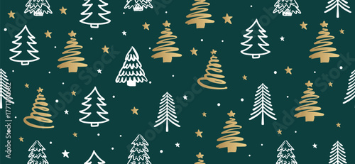 Christmas tree pattern on red background, Hand drawn illustrations.	
