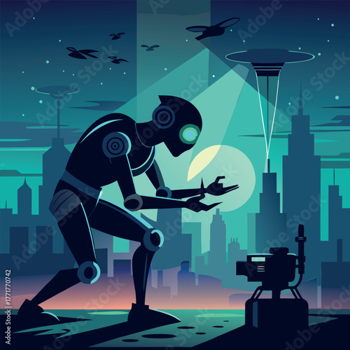 Silhouette of a humanoid robot repairing a flying drone under city lights