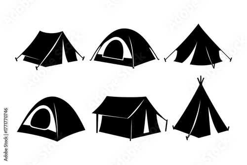 Camping tent silhouettes icon, outdoor, travel, nature, tourism, adventure