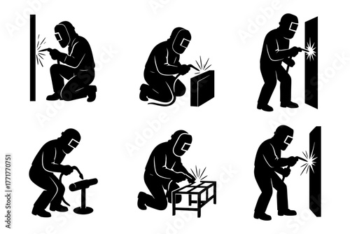 Welding worker silhouettes icon, welder, metalwork, industry, repair, safety