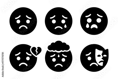 Sad emoji silhouettes icon, depression, tears, broken heart, stress, loneliness