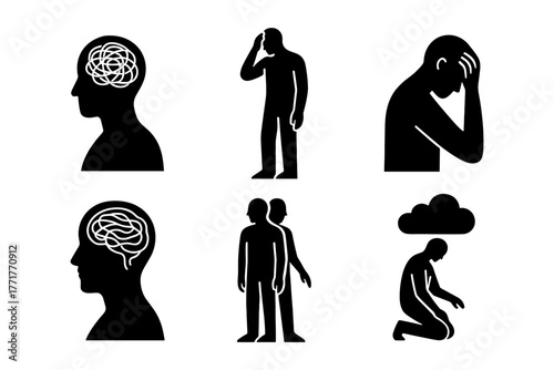 Mental health silhouettes icon, depression, stress, psychology, anxiety, therapy