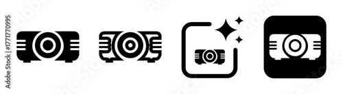 Video projector icon and projection screen sign vector illustration showing projector symbol in transparent PNG design for presentation and multimedia concepts