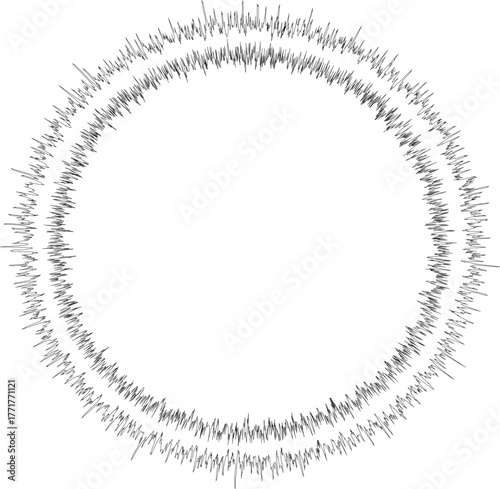 Circular ring built from dense linear filaments creating textural contour rhythm.