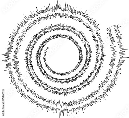 Multiple concentric rings formed from textured linear filaments radiating symmetrically.