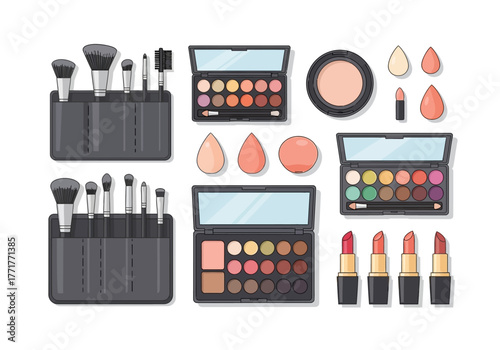 Cosmetics arrayed brushes palettes sponges lipsticks with muted tones and black lining