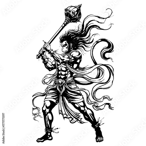 Powerful Hanuman wielding spiked mace dynamic black and white illustration Hindu deity