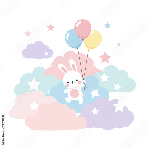 Cute bunny illustration with colorful balloons floating in a pastel-colored cloudscape