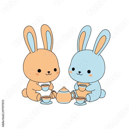 Cute blue and orange bunny friends sharing a delightful afternoon tea party with a teapot and cups, isolated vector illustration