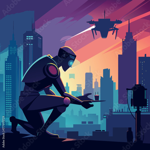 Silhouette of a humanoid robot repairing a flying drone under city lights