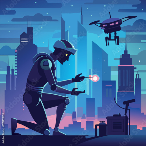 Silhouette of a humanoid robot repairing a flying drone under city lights