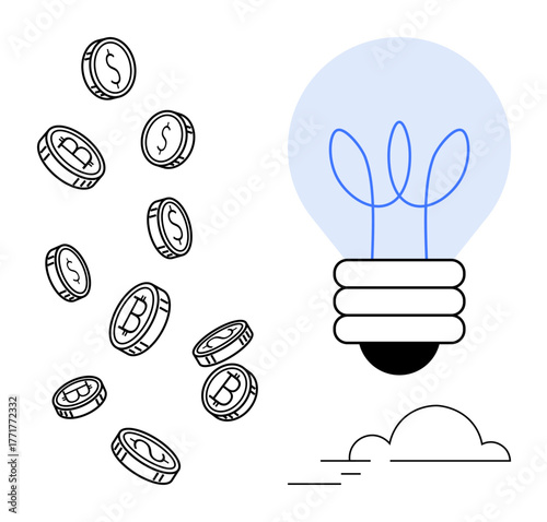 Falling coins with dollar and cryptocurrency marks next to a glowing lightbulb, indicating innovation, creativity, financial success, technology, renewable energy, entrepreneurship, and resource