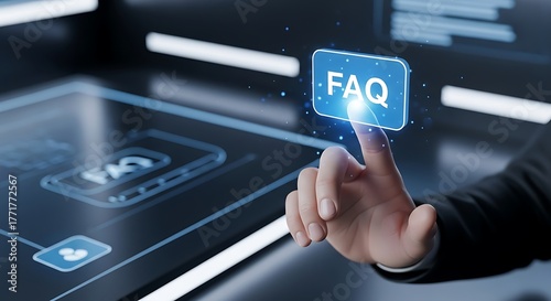 Business professional touches glowing FAQ button on futuristic digital interface for customer support and information access