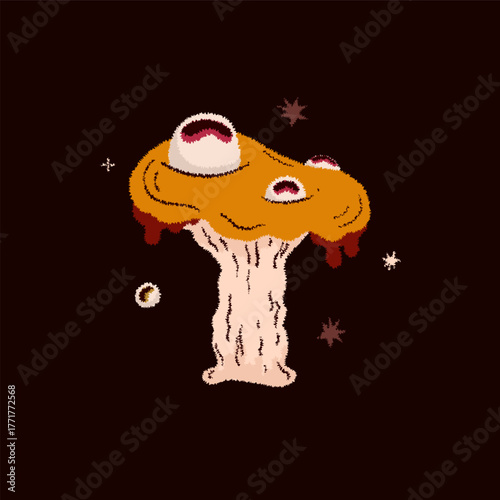 Magic yellow mushroom with eyes. Psychedelic hallucinations. Mysterious autumn witchy forest. Vector illustration.