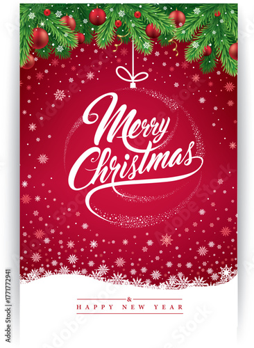 Merry Christmas greeting card on red background with traditional decorations	
