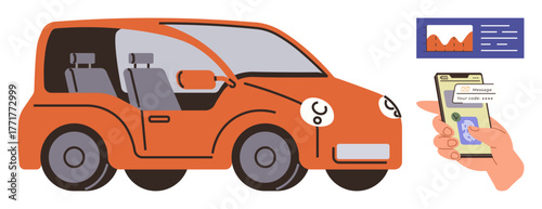 Orange compact car next to a smartphone app interface tracking location and system notifications. Dashboard element with performance stats. Ideal for technology, innovation, navigation, safety, urban