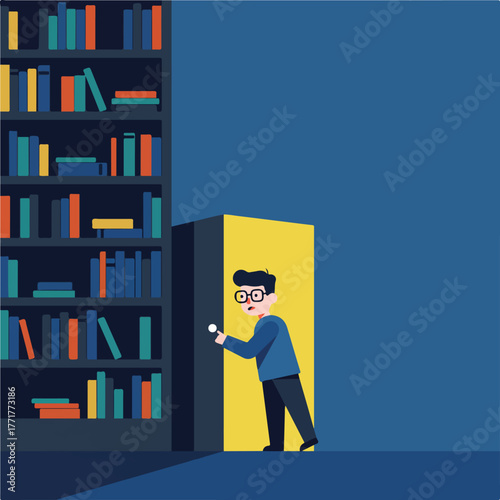 A person with glasses enters a brightly lit space with a flashlight from a dark library