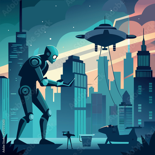 Silhouette of a humanoid robot repairing a flying drone under city lights