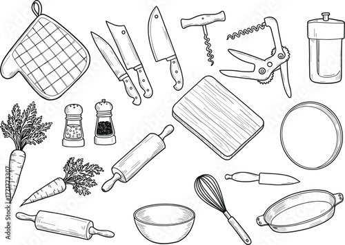 kitchen, cooking, tools, knives, cleaver, corkscrew, opener, grinder, shaker, board, whisk, rolling, bowl, cutter, carrots, artwork