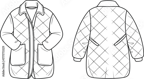 Quilted women coat flat sketch, technical drawing outerwear template, front and back view, winter jacket design, fashion vector illustration