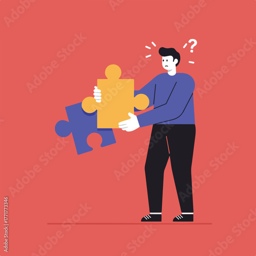 Illustration of a person perplexed by two puzzle pieces, with a question mark over their head, on red