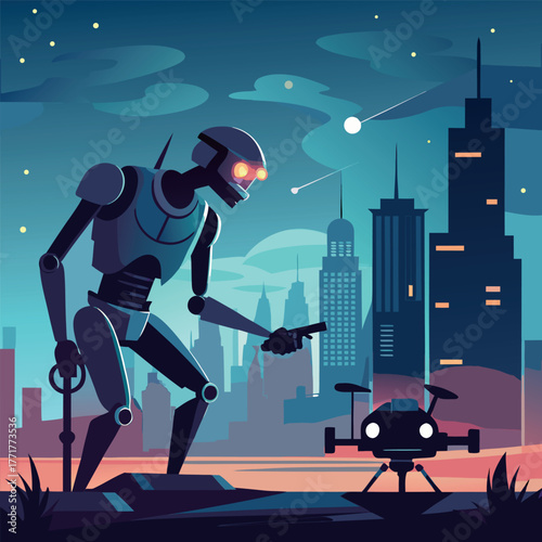 Silhouette of a humanoid robot repairing a flying drone under city lights