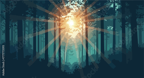 Forest scene with bright sunlight breaking through the trees