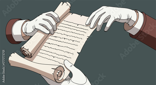 Two gloved hands carefully unfurl an old parchment document