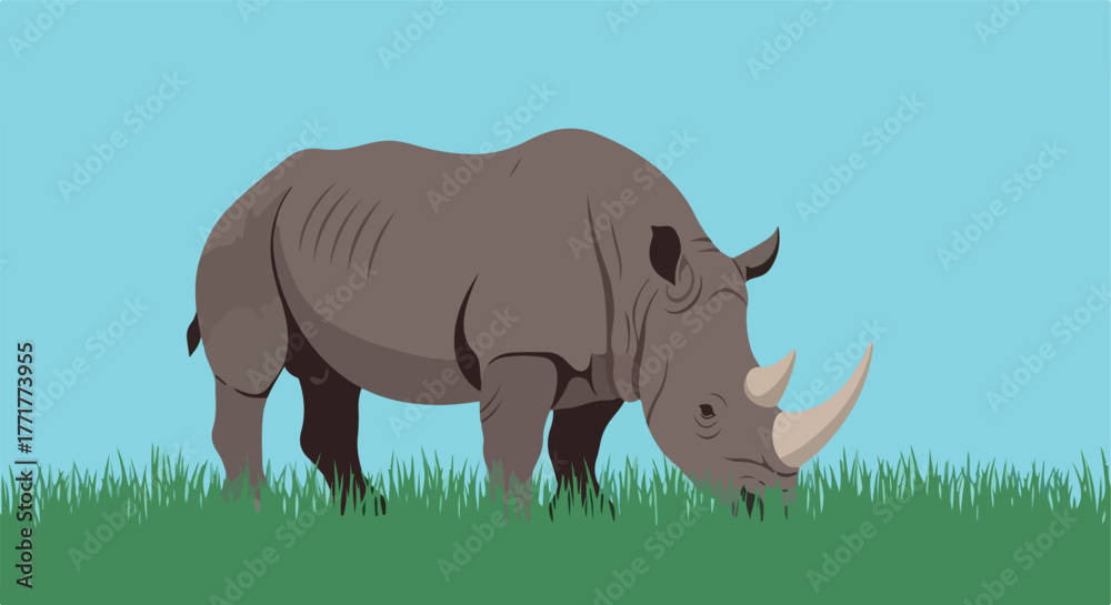 Fototapeta premium Stylized rhino in a green field, eating grass under a blue sky