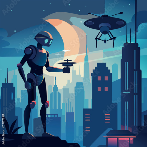 Silhouette of a humanoid robot repairing a flying drone under city lights