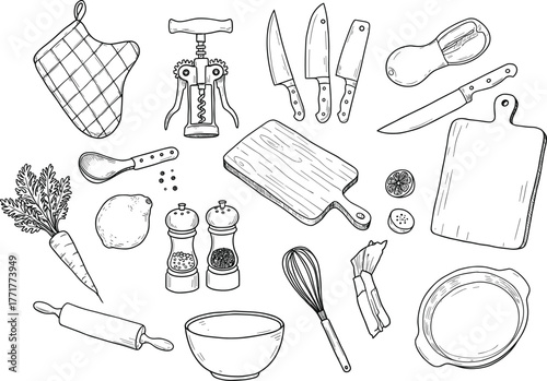 kitchen, cooking, tools, knives, spoon, whisk, peeler, board, bowl, carrot, potato, mango, herbs, rolling, baking, artworkkitchen, cooking, tools, knives, spoon, 