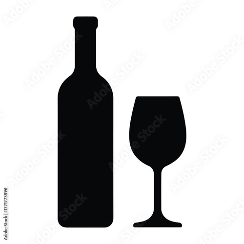 Wine bottle with wine glass icon or silhouette. Alcohol symbol. Vector illustration.