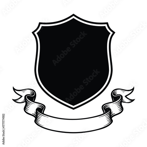 Ornamental vintage shield and ribbons banner silhouette variation design for poster layouts