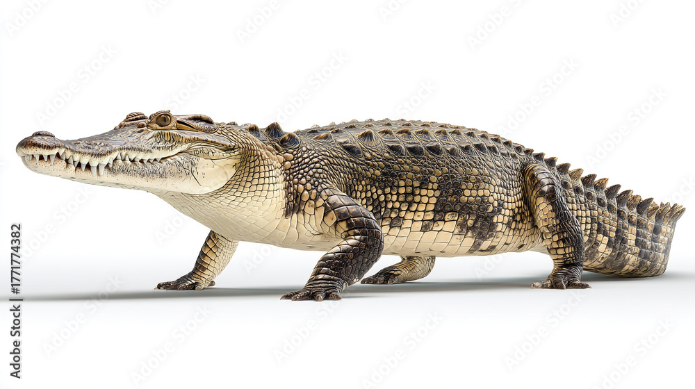 Naklejka premium A full body shot of a crocodile with its mouth closed on a white background surface