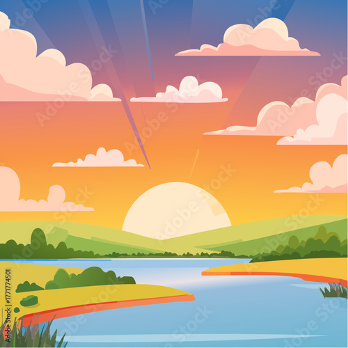 Cartoon Landscape of Sunset Over the Water with Soft Hues, Pixel Art, Yellow, Orange, Purple Sky, Green Hills, and Blue Water Calm and Serene Nature Scene
