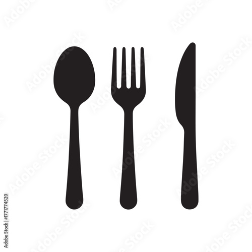 cutlery - fork, knife, spoon, teaspoon silhouette shape, set of black and white vector illustration, white background