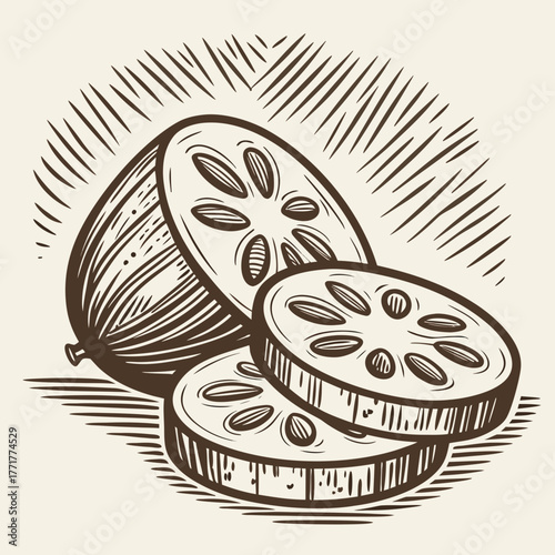 Sliced Lotus Root Vintage Rough Woodcut Engraving Linocut Style Vector Illustration