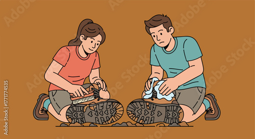 Illustration of two people cleaning muddy hiking boots