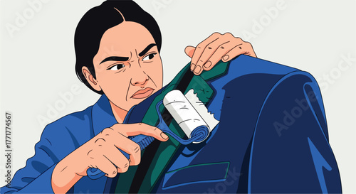 Woman inspecting a suit with lint roller