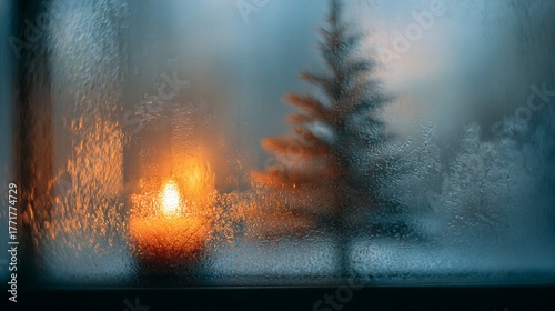 A warm candle flickers beside a frosted window, casting a soft glow that contrasts with the serene, blurred silhouette of a pine tree in the winter landscape.