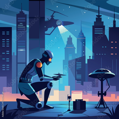Silhouette of a humanoid robot repairing a flying drone under city lights