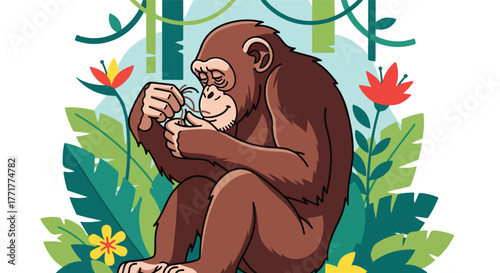 Cartoon chimpanzee sits, examining a stem, surrounded by jungle foliage