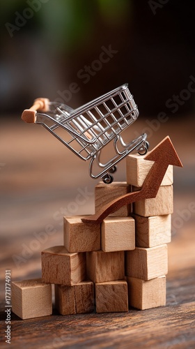 A shopping cart balances on a stack of wooden blocks, symbolizing growth and prosperity in e-commerce and online retail markets for modern businesses.