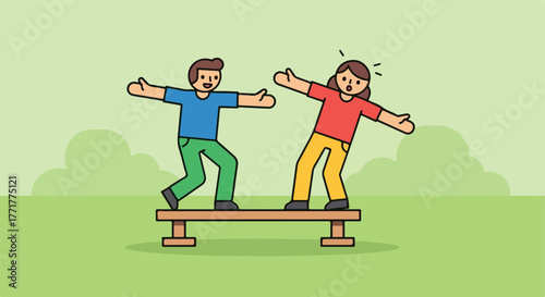 Cartoon figures on a balance beam