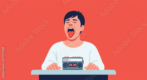 Cartoon boy yells with tongue out, next to a cassette player