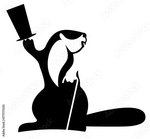  Illustration of beaver in the top hat. Beaver looks like a gentleman with a top hat and a cane. Black and white illustration	