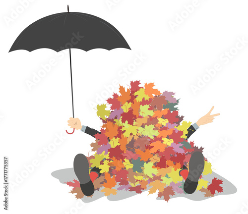 Happy man with umbrella lays under a huge pile of multicolored autumn leaves. Isolated on white background