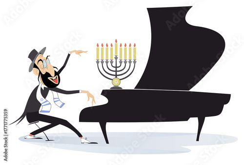 Illustration of cheerfulness Jewish man playing music on piano and singing. White background	