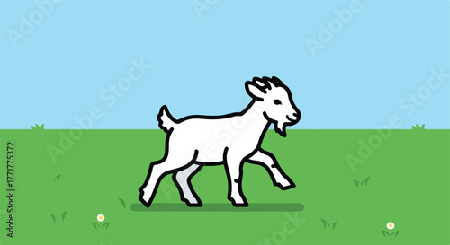 A cartoon goat strolling on green grass under a blue sky