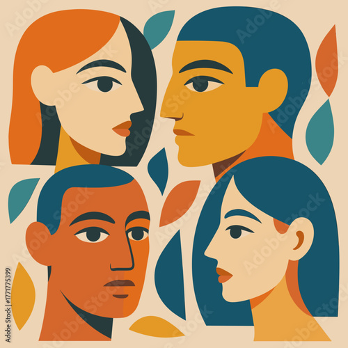 Stylized portrait of four diverse faces surrounded by colorful leaves.